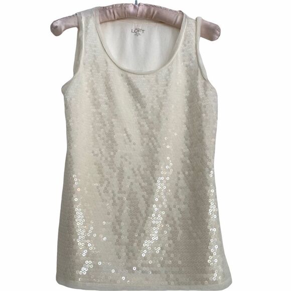 Loft Sequined Ivory White Tank Top Small Petite SP - Picture 1 of 6